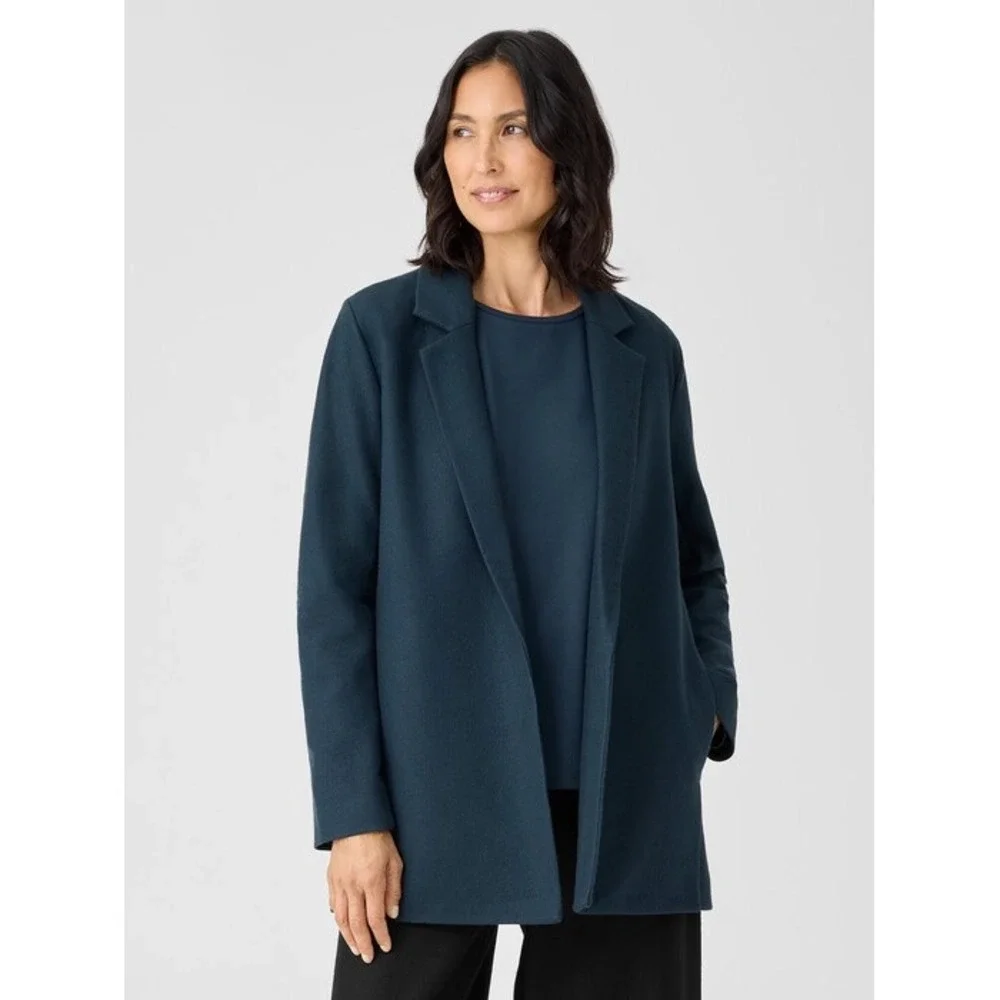 Eileen Fisher Boiled Wool Jersey Long Blazer Navy Blue Open Front Jacket M New